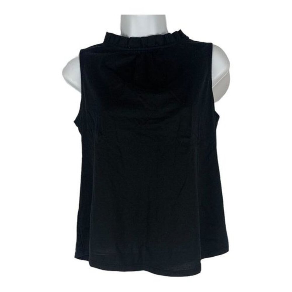 Ann Taylor Black Sleeveless Ruffle Neck Blouse Size XS Cotton Blend Womens Top